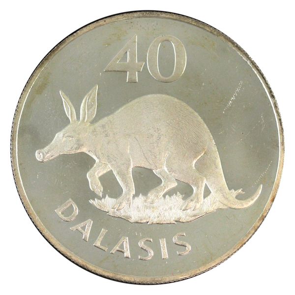 The Gambia Silver 1977 40 Dalasis 'Aardvark' Proof. Part of the WWF Wildlife Conservation Series