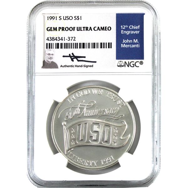 USA Silver 1991-S $1 USO Anniversary NGC Gem Proof Ultra Cameo