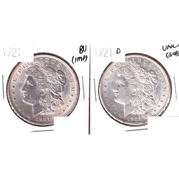 USA Silver 1921 BU (Impaired) & 1921D UNC+ (Scratched) Morgan Dollars. 2pcs