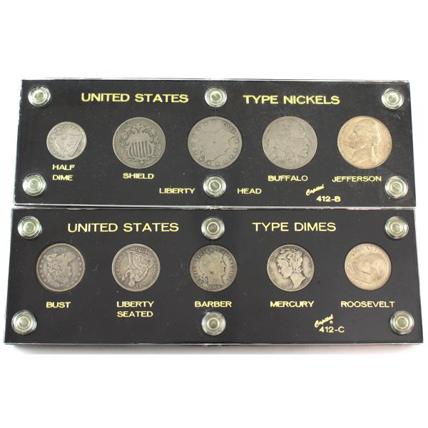 USA Vintage Capital Coin Holders - Type Set of Nickels and Dimes Dated 1835-1967. 2 sets