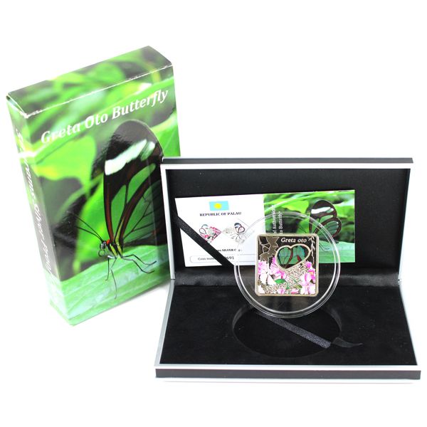 Palau Silver 2014 $10 Greta Oto - Animals in Glass #1 - Glasswinged Butterfly. Mintage of Only 999!