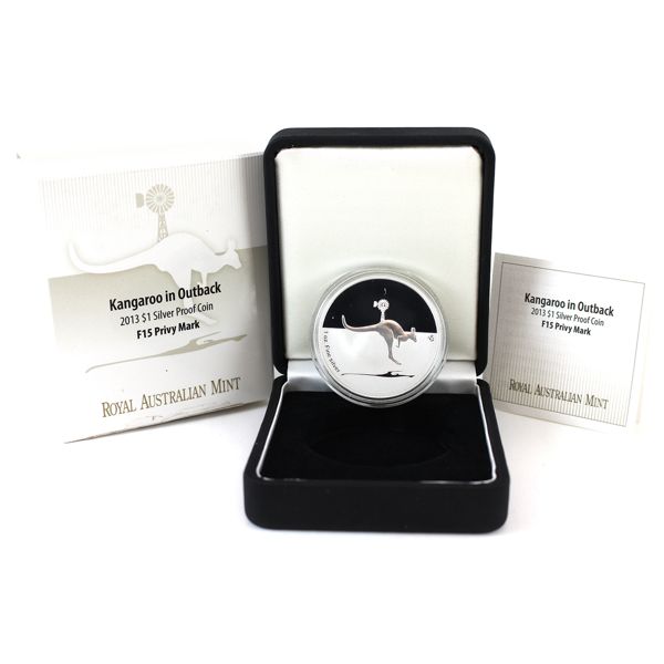 Australia Silver 2013 $1 Kangaroo in Outback with F15 Privy Mark Fine Silver Proof Coin (Tax Exempt)