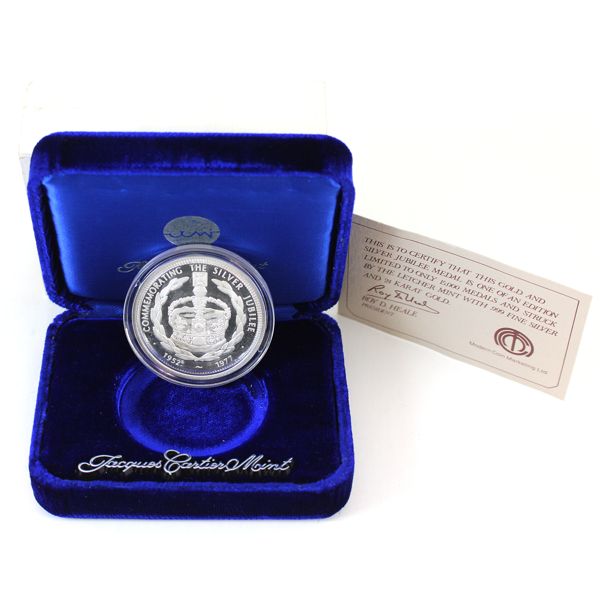 1952-1977 Silver Jubilee Fine Silver Medal w/ 24K Gold Plating by Jacques Cartier Mint (Tax Exempt)