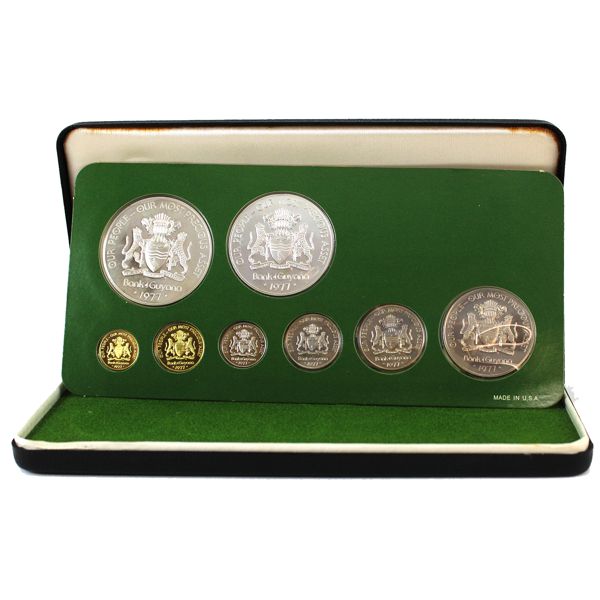 Guyana 1977 8-coin Proof Set in Original Display Box w/ COA. Minted by The Franklin Mint