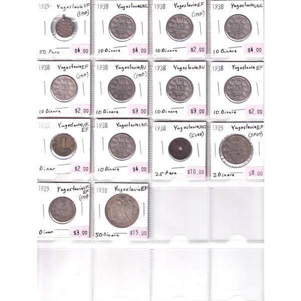Yogoslavia Mixed Denomination 1925-1938 Bulk Collection in 20-Pocket Sheet. 14pcs.