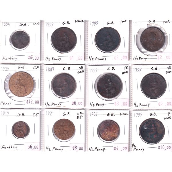 Great Britian Mixed Denomination 1799-1935 Bulk Collection in 12-Pocket Sheets. 12pcs. 
