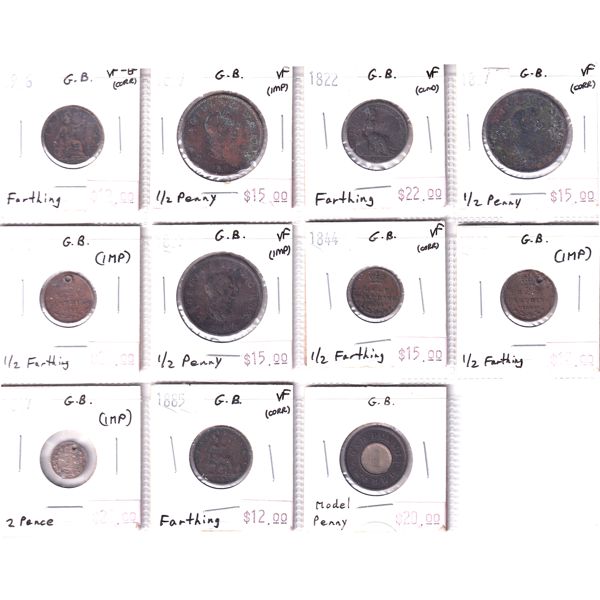 Great Britian Mixed Denomination 1807-1906 Bulk Collection in 12-Pocket Sheet. 11pcs. 