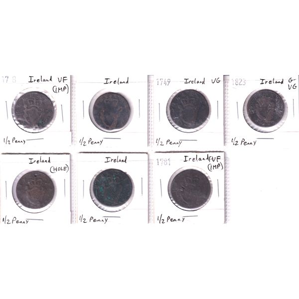 Ireland Half Penny 1741-1823 Bulk Collection in 8-Pocket Sheet. 7pcs.