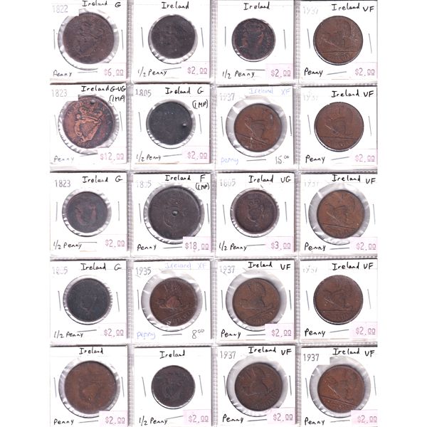 Ireland Half Penny & Penny 1805-1937 Bulk Collection in 20-Pocket Sheet 20pcs. 