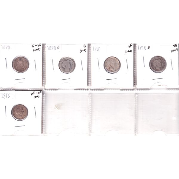 USA Dime 1890-1916 Bulk Collection in 8-Pocket Sheet G to VF-EF. 5pcs. 