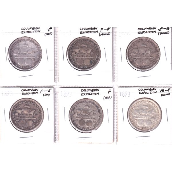 USA Columbian  Half Dollar 1892 & 1893 Bulk Collection in 8-Pocket Sheet Fine to VF-EF. 6pcs. 
