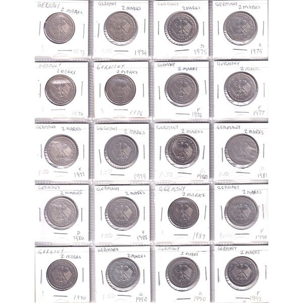 Germany 2 Marks 1958-1992 Bulk Collection in 2x 20-Pocket Sheets. 40pcs. 