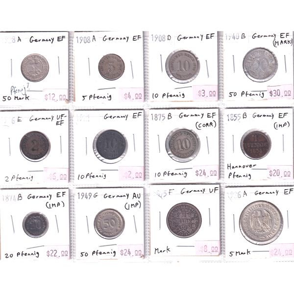 Germany Mixed Denomination 1855-1949 Bulk Collection in 12-Pocket Sheet VF-EF to AU. 12pcs. 