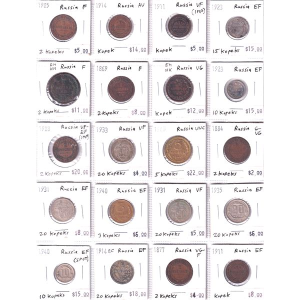 Russia 1 Kopek-20 Kopek 1817-1940 Bulk Collection in 20-Pocket Sheet G-VG to UNC. 20pcs. 