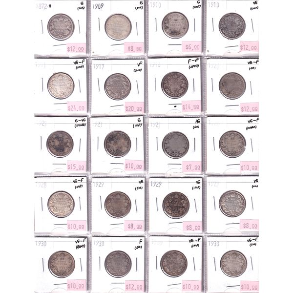 25-cent 1872-1930 Bulk Collection in 20-Pocket Sheet AG to VF. 20pcs. 