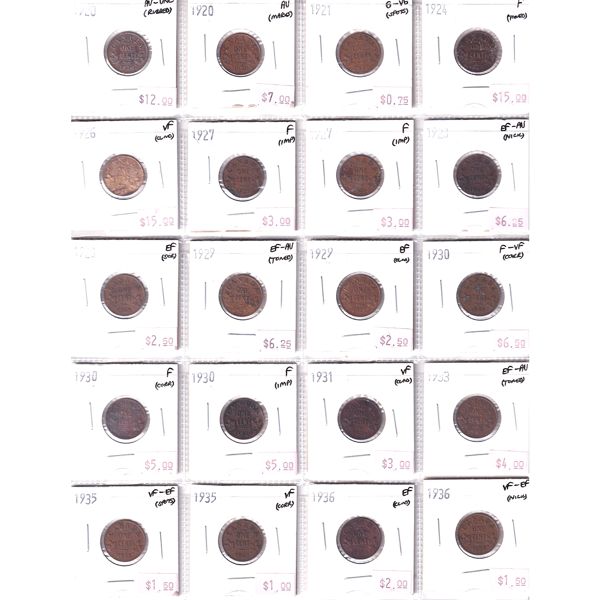  1-cent 1920-1936 Bulk Collection in 20-Pocket Sheet G-VG to AU-UNC. 20pcs. 