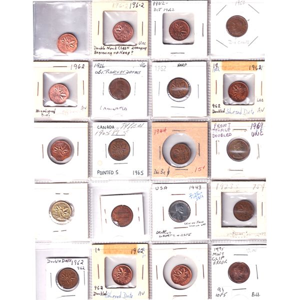 Errors! Canada & USA 1-cent 1926-1975 Bulk Collection in 20-Pocket Sheet 20pcs.
