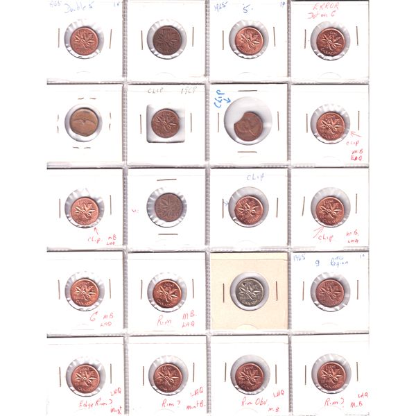 Errors! 1-cent 1955-1969 Bulk Collection in 20-Pocket Sheet. 20pcs. 