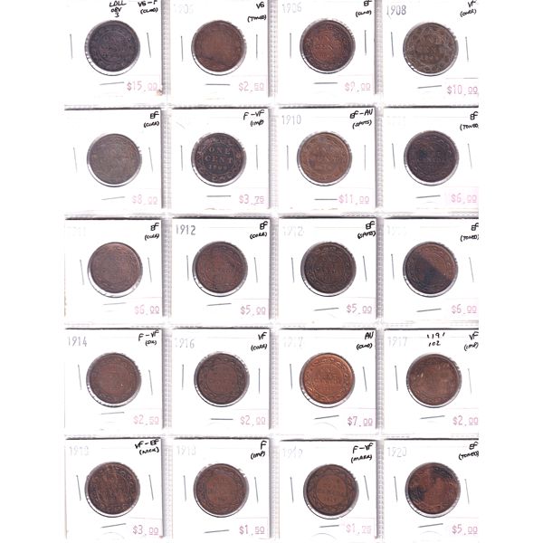 1-cent 1891-1920 Bulk Collection in 20-Pocket Sheet AG to AU. 20pcs. 