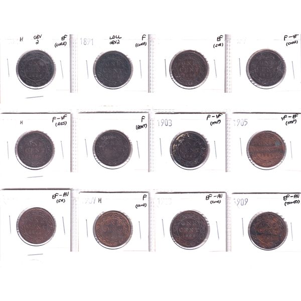 1-cent 1882-1909 Bulk Collection in 12-Pocket Sheet F to EF-AU. 12pcs.