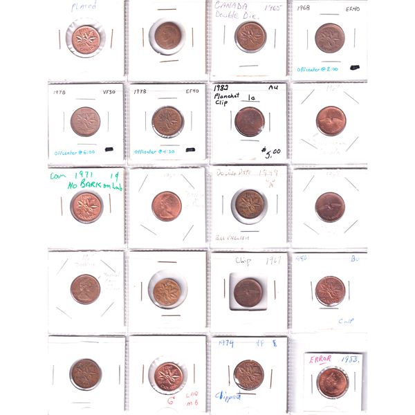 Errors! 1-cent 1942-1982 Bulk Collection in 20-Pocket Sheet. 20pcs. 