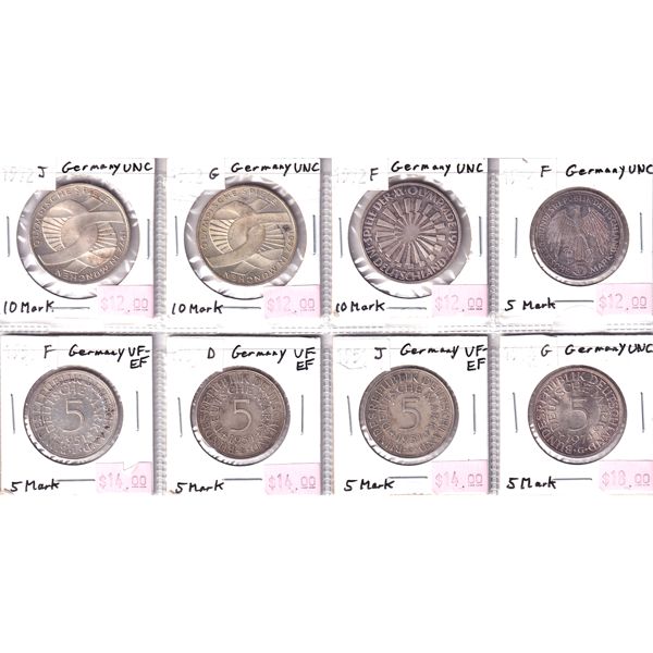 Germany 5 Mark & 10 Mark 1951-1974 8-Pocket Sheet VF-EF to UNC. 8pcs. 