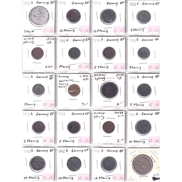 Germany Mixed Denomination 1812-1975 Bulk Collection in 20-Pocket Sheet VG to AU. 20pcs.