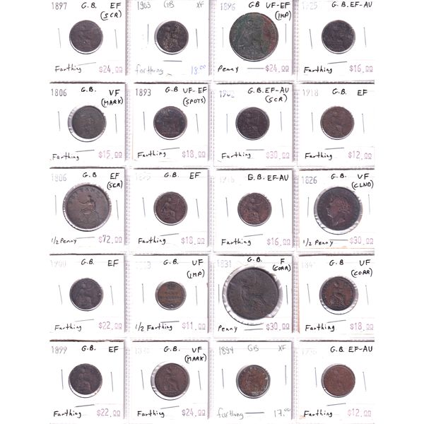 Great Britian Mixed Denomination 1806-1936 Bulk Collection in 20-Pocket Sheet F to EF-AU. 20pcs.