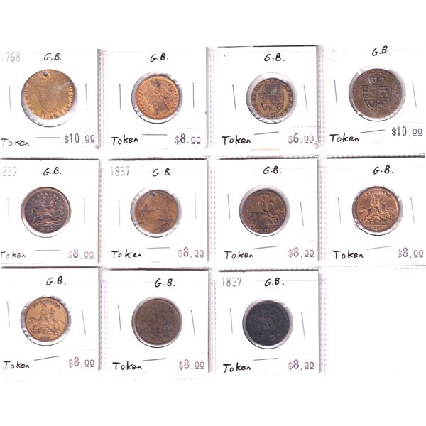 Great Britian 1768-1837  Bulk Collection of Assorted Tokens.  11pcs. 