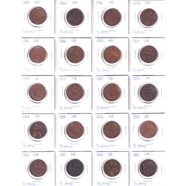 Great Britian Half Penny 1861-1940  Bulk Collection in 3x 20-Pocket Sheets. 60pcs. 