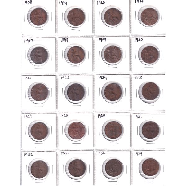 Great Britian Half Penny 1908-1967 Bulk Collection in 2x 20-Pocket Sheets. 33pcs. 