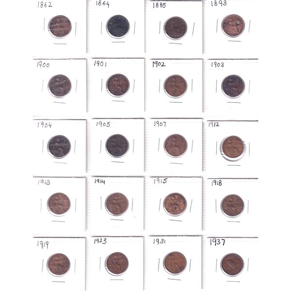 Great Britian Farthing 1862-1953 Bulk Collection in 2x 20-Pocket Sheets. 30pcs. 