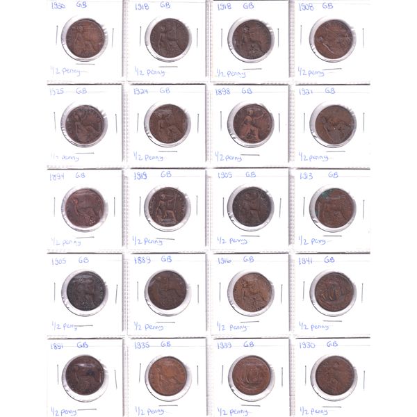 Great Britian Half Penny 1888-1939 Bulk Collection in 3x 20-Pocket Sheets. 60pcs. 