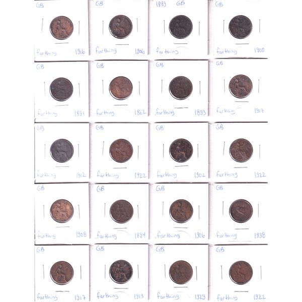Great Britian Farthing & Penny 1862-1938 Bulk Collection in 2x 20-Pocket Sheets.  40pcs. 