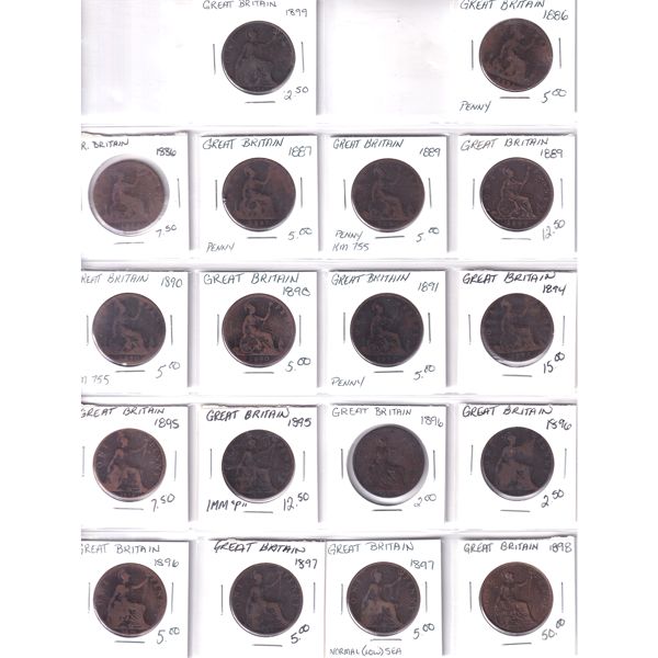 Great Britian Penny 1860-1913 Bulk Collection in 3x 20-Pocket Sheets. 58pcs.