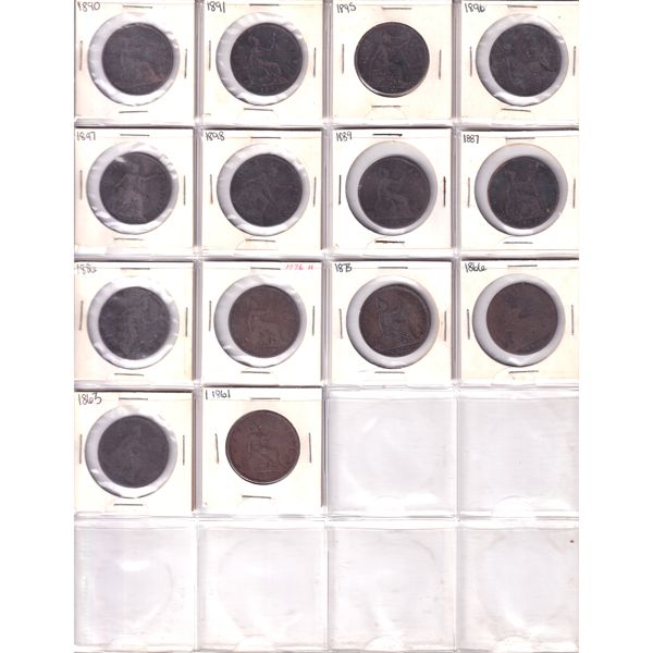 Great Britian Penny 1861-1898 Bulk Collection in 20-Pocket Sheet. 14pcs. 