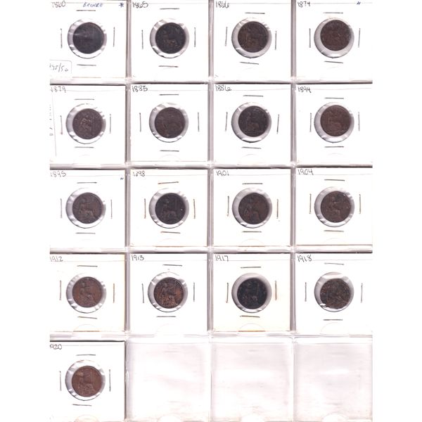 Great Britian Farthing 1860-1920 Bulk Collection in 20-Pocket Sheet. 17pcs. 