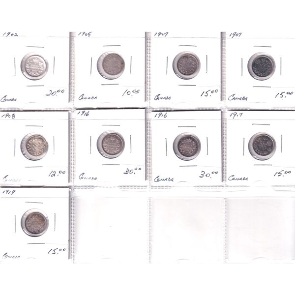 5-cent 1902-1919 Bulk Collection in 12-Pocket Sheets. 9pcs.