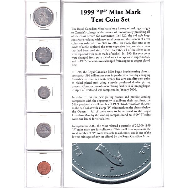 Mint Testing Sign 1999P 5 Piece Mint Mark Test Coin Set With Informative Write Up.