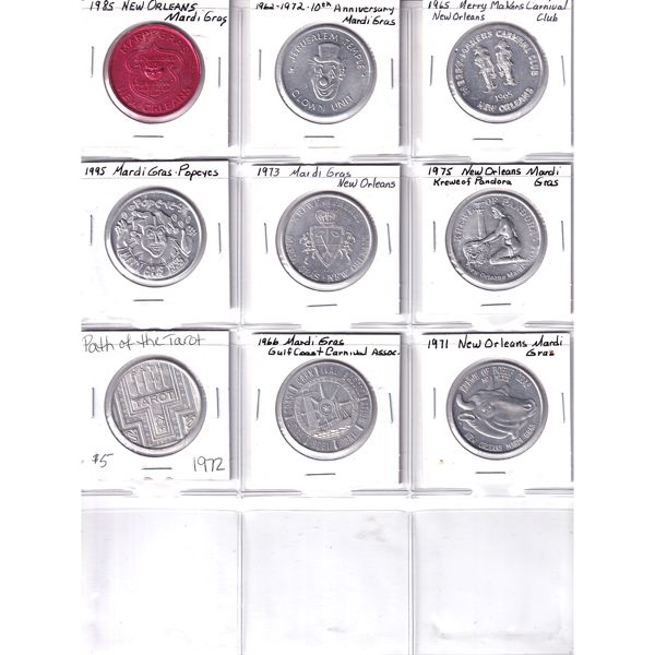 USA 1966-1995 Bulk Collection of Assorted Mardi Gras & Tarot Tokens. 9pcs.