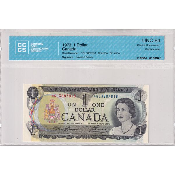 BC-46aA 1973 $1 CCCS UNC64 Lawson-Bouey Replacement SN: *GL3887818 