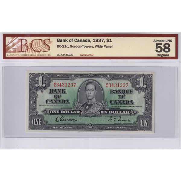 BC-21c 1937 $1 BCS AU58 Original Gordon-Towers, Wide Panel SN: W/A3431237