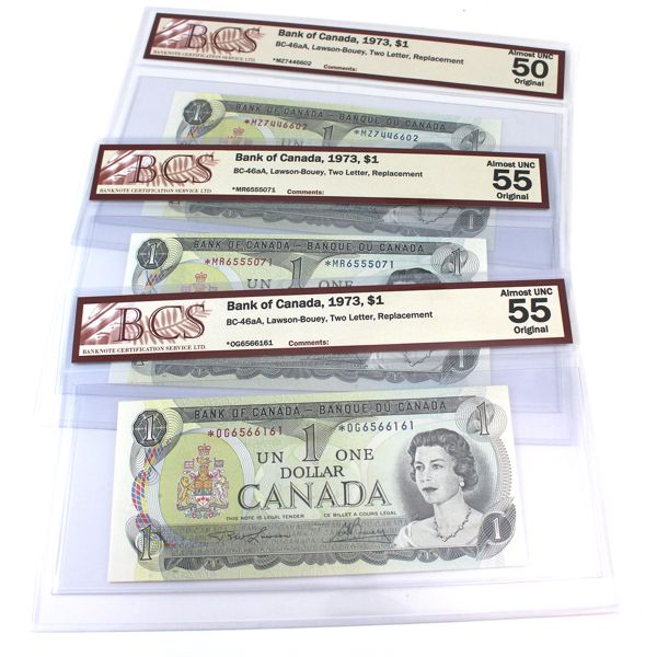BC-46aA 1973 $1 BCS AU50 to AU55 Original Lawson-Bouey Two Letter Replacement. 3pcs.