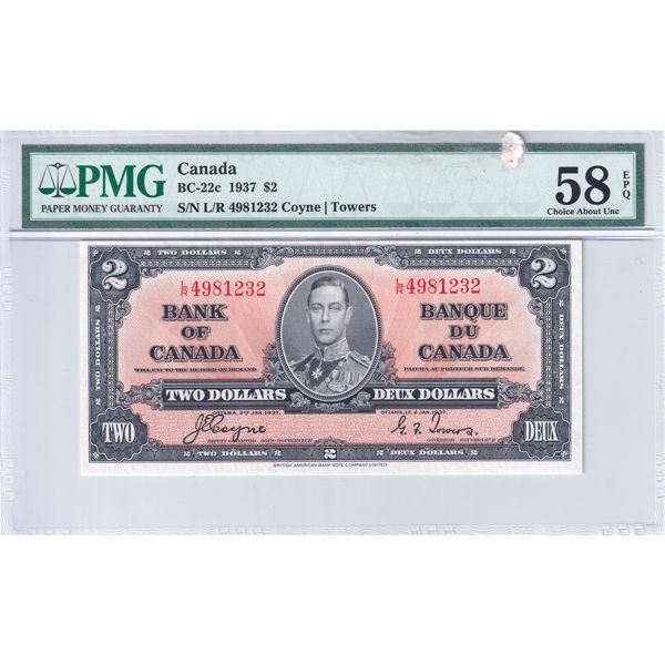 BC-22c 1937 $2 PMG AU58 EPQ Coyne-Towers SN: L/R4981232
