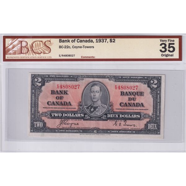 BC-22c 1937 $2 BCS VF35 Original Coyne-Towers SN: E/R4808027