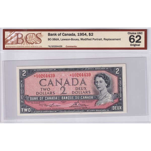 BC-38dA 1954 $2 Modified Portrait BCS CUNC62 Original Lawson-Bouey, Replacement SN: K/G0264439