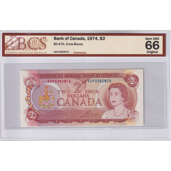 BC-47b 1974 $2 BCS GEM UNC Original Crow-Bouey SN: AGP3582876 
