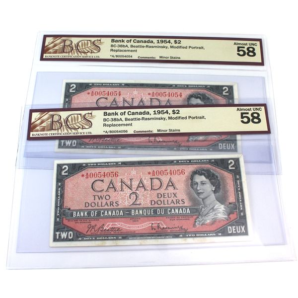 BC-38bA 1954 $2 Modified Portrait BCS AU58 Beattie-Rasminsky Replacement. 2pcs.