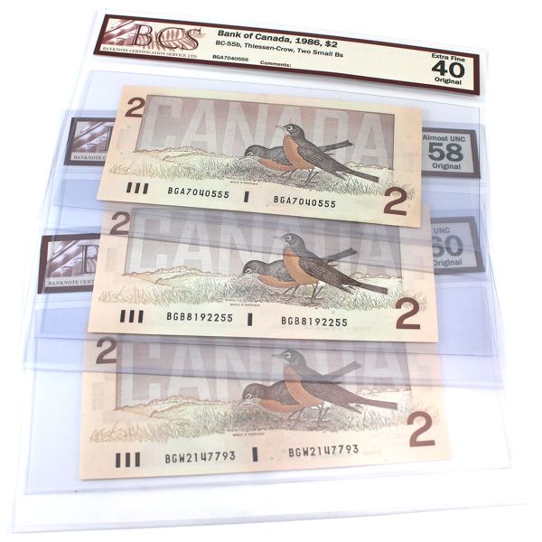 BC-55b 1986 $2 BCS EF40 to UNC 60 Original Thiessen-Crow 2 Small Bs. 3pcs.