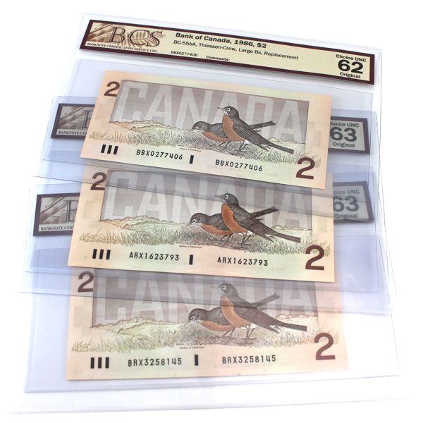 BC-55bA 1986 $2 BCS AU62 to AU63 Original Thiesson-Crow Replacement. 3pcs. 
